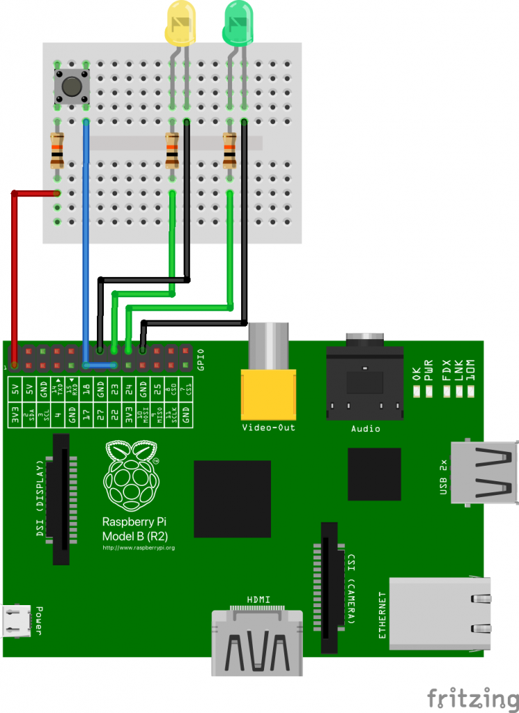 Schematic of a breadboard containing a button and two LEDs connected to a Raspberry Pi